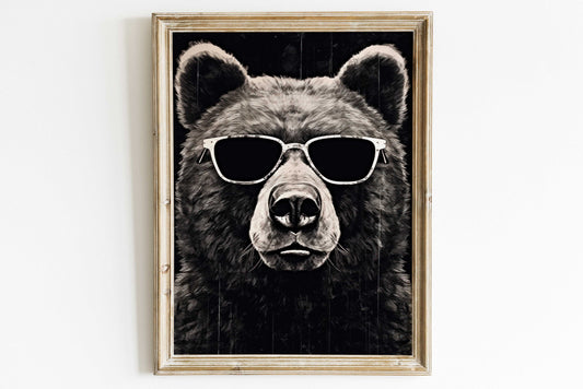 Cool Bear Wall Art, Funny Animal Art, Bear Kids Room Decor, Animal Wearing Glasses, Vintage Bear, Toddler Room Decor Boy, Printable Art