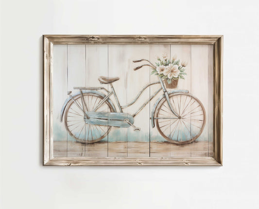 Vintage Bicycle Print, Bicycle & Flowers, Rustic Floral Wall Decor, White Wood-inspired Wall Art, Farmhouse Home Decor, Printable Wall Decor