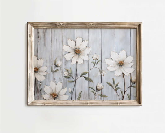 White Flower Print, Floral Wall Decor, Rustic Kitchen Art, Vintage Flower Art, Farmhouse Decor, Distressed Wall Art, PRINTABLE Floral Art