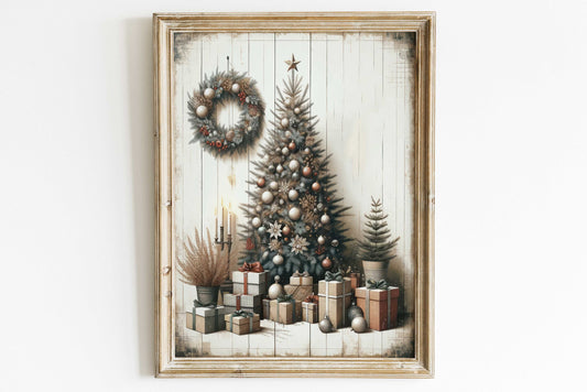 Christmas Tree Print, Christmas Gift Print, Vintage Xmas Tree Wall Art, Rustic Holiday Decor, Kids Christmas,PRINTABLE Christmas Nursery Art