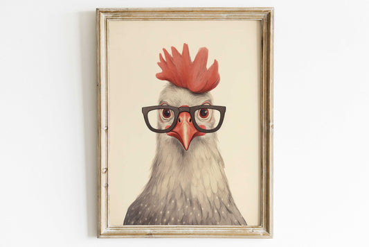 Rooster Wall Art, Animals Wearing Glasses, Funny Animal Print, Farm Nursery Decor, Vintage Art, Animal Kids Room Decor, Printable Wall Art