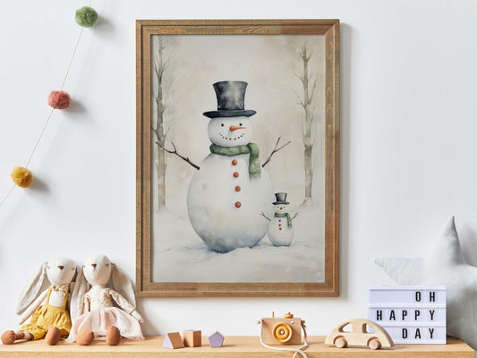 Snowman Print, Christmas Kids Room Art, Xmas Wall Decor, Snowman Nursery Print, Watercolor Snowman Painting, PRINTABLE Christmas Nursery Art