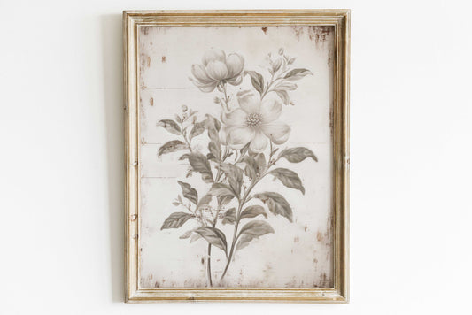 Whispered Elegance: Rustic Distressed White Florals on Vintage Wood – Timeless Beauty for Any Space