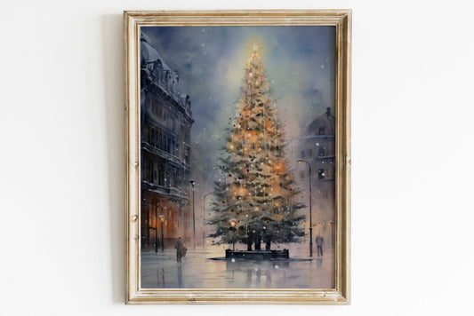 Vintage Christmas Painting, Christmas Tree Print, Antique Christmas Decor, Xmas Print, Rustic Decor, Spruce Tree, Printable Fir Tree Art