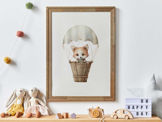 Cute Fox Nursery Art Print, Bear Flying Balloon, Hot Air Balloon Nursery Print, Nursery Decor, Baby Shower Gift, PRINTABLE Nursery Ar