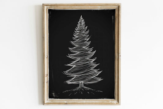 Dark Christmas Tree Print, Spruce Tree Art, Fir Tree Print, Vintage Minimalist Christmas Art, Chalkboard Christmas Art, PRINTABLE Wall Art