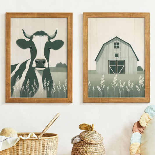 Cow Nursery Decor, Sage Green Nursery Wall Art, Set of 2, Farm Animal Print, Rustic Farmhouse Nursery Art, Barn Nursery, Printable Kids Art