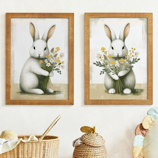 Bunnies and Flowers, Bunny Nursery Print Set of 2, Animal Nursery, Animals with Flowers, Farmhouse Nursery Decor, PRINTABLE Baby Room Decor