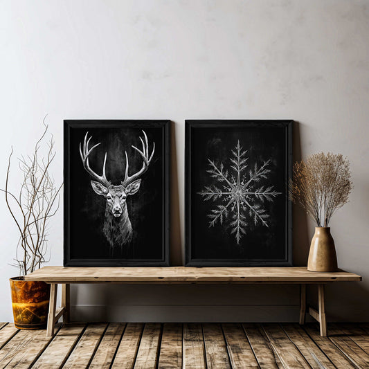 Deer Wall Art, Christmas Wall Art, Set of 2, Modern Farmhouse Christmas Decor, Vintage Animal Art Print, Chalkboard Art, Printable Art