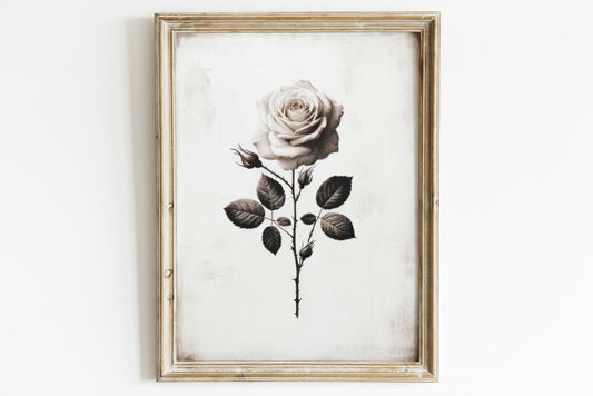 White Rose Painting, Rose Wall Art, Rustic Floral Decor, Black & White Floral Print, Farmhouse Home Decor, Vintage Flower Art, Printable Art