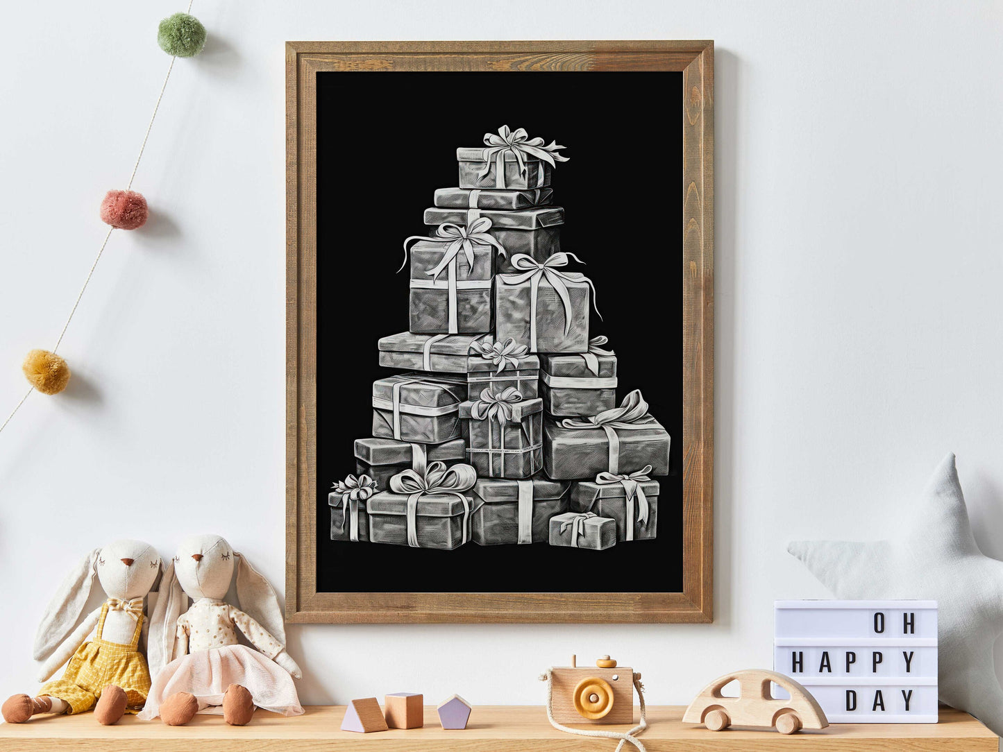 Christmas Gifts Print, Stack of Christmas Gifts, Chalkboard Art, Dark Christmas Decor, Kids Xmas Wall Art, PRINTABLE Christmas Nursery Art