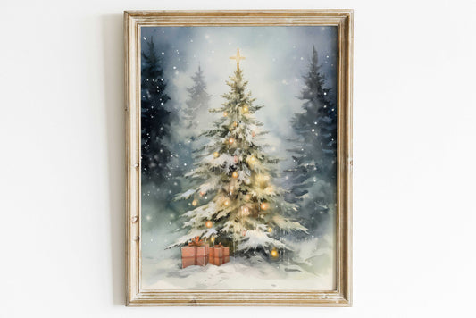 Christmas Tree Print, Christmas Gift Print, Vintage Christmas Tree Painting, Holiday Decor, Rustic Xmas Art, PRINTABLE Christmas Nursery Art