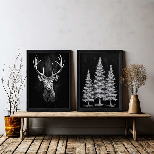 Deer Wall Art, Christmas Wall Art, xmas Decor, Set of 2, Modern Farmhouse Christmas Decor, Vintage Animal Print, Printable Chalkboard Art