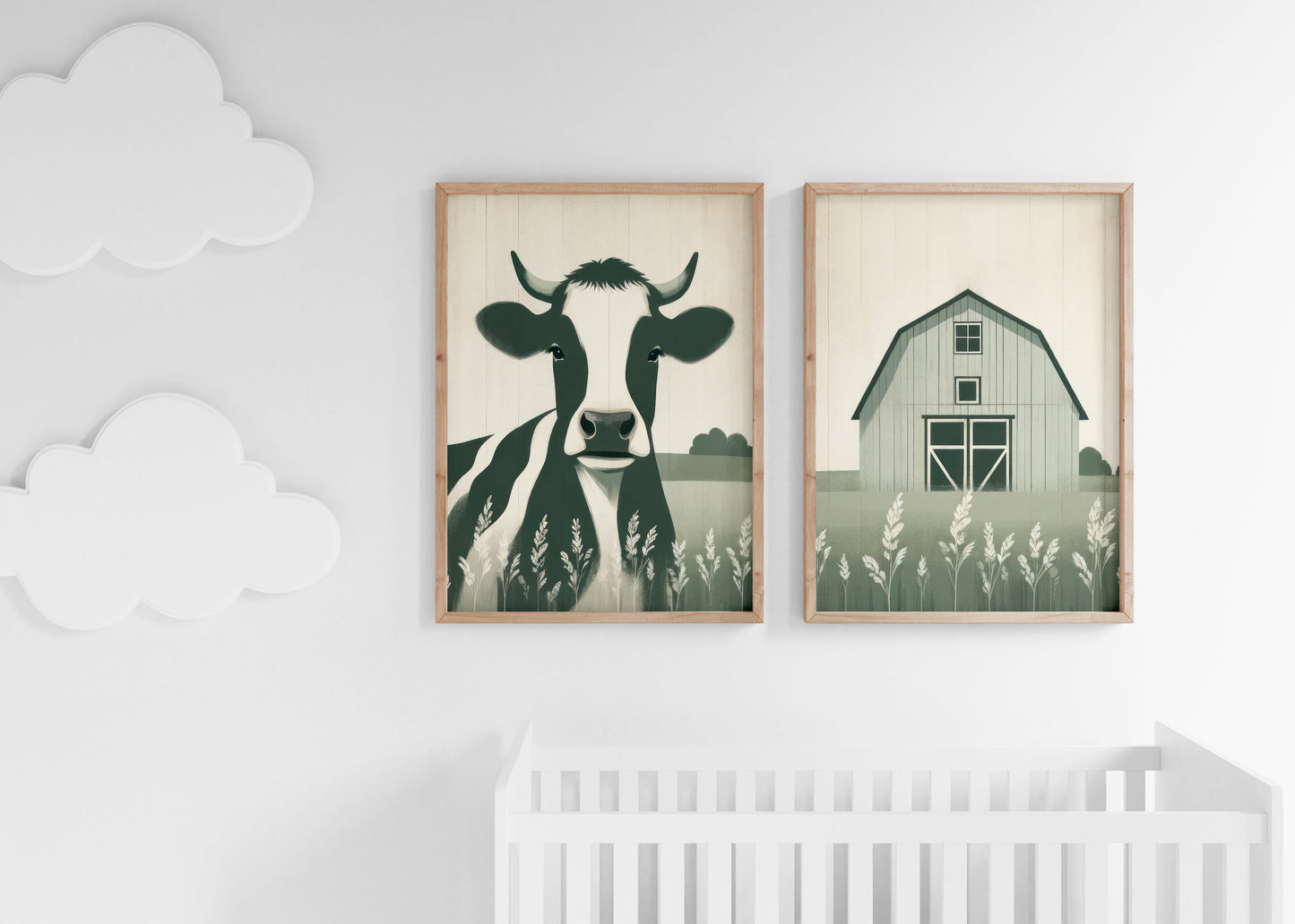 Cow Nursery Decor, Sage Green Nursery Wall Art, Set of 2, Farm Animal Print, Rustic Farmhouse Nursery Art, Barn Nursery, Printable Kids Art