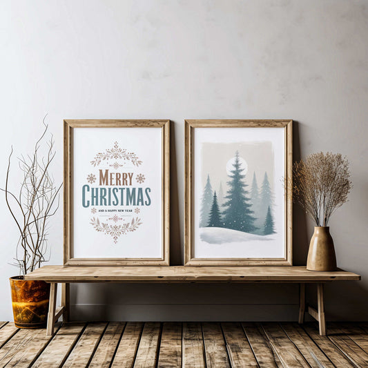 Christmas Wall Decor, Merry Christmas Prints, Holiday Wall Art, Set of 2, Christmas Decor, Christmas Tree Print, PRINTABLE Christmas Art