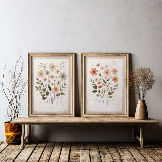 Wildflower Art Prints, Rustic Floral Decor, Vintage Floral Wall Art, Minimalist Flower Prints, Set of 2, PRINTABLE Wildflower Nursery Art