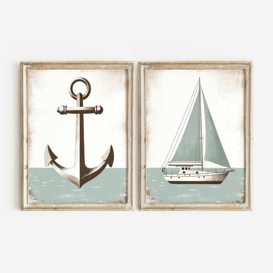 Vintage Nautical Anchor & Sailboat Art Prints - Light Sage Green, Set of 2, Ocean Theme Nursery, Nursery Maritime Decor, Printable Wall Art