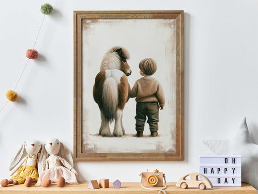 Boy & Pony Print, Shetland Pony Art, Vintage Nursery Decor, Horse Nursery Wall Art, Boy and Horse, Boys Room Decor, Printable Boy Wall Decor