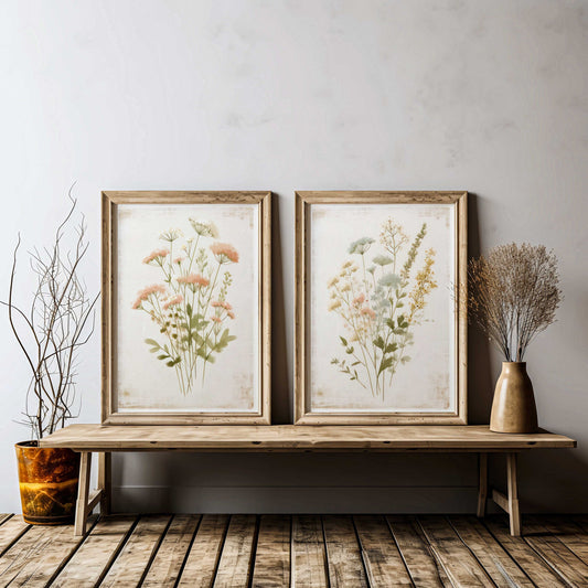 Wildflower Art Prints, Rustic Floral Decor, Vintage Floral Wall Art, Minimalist Flower Prints, Set of 2, PRINTABLE Wildflower Wall Decor