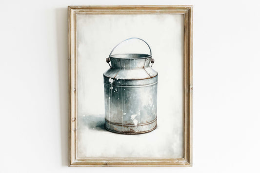 Vintage Milk Can Print, Milk Pail, Farmhouse Home Decor, Farm Theme Wall Art, Antique Wall Art, PRINTABLE Wall Art for Country Style Homes