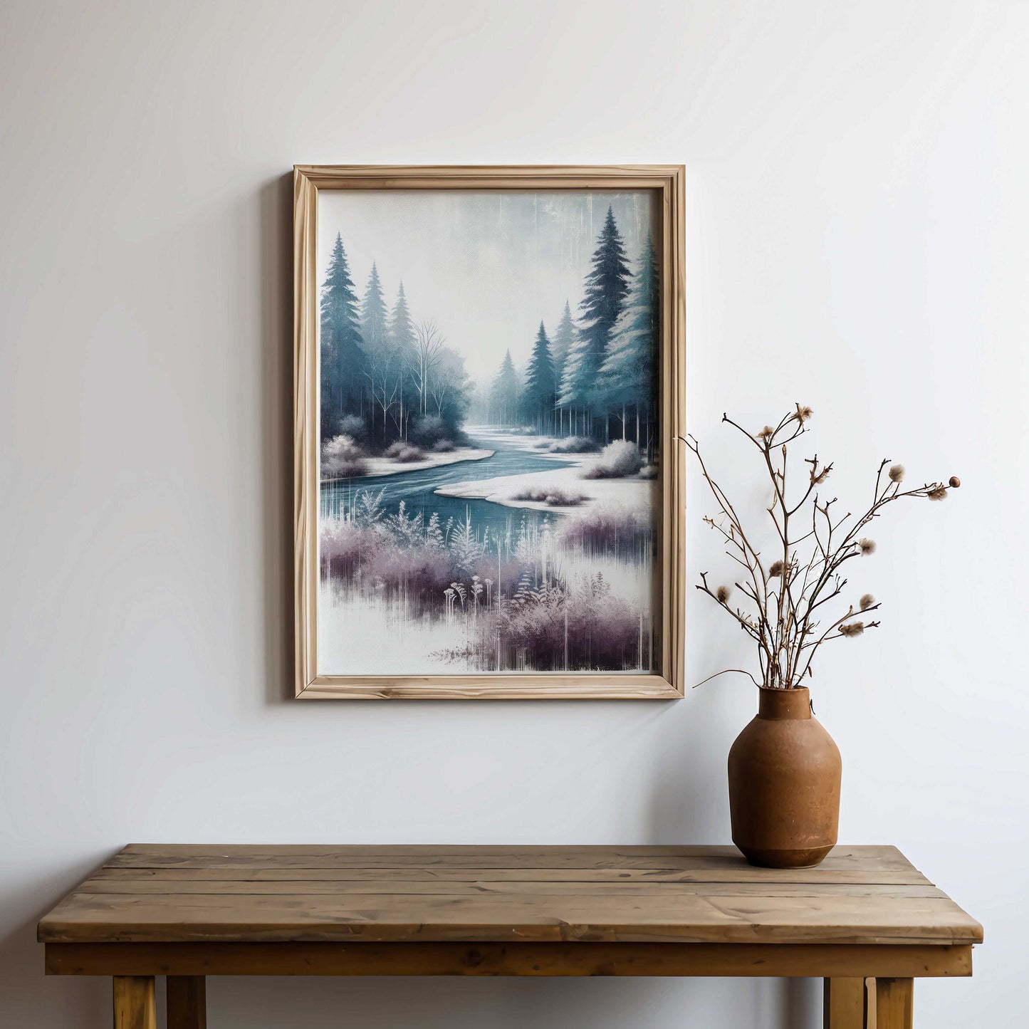 Printable Forest Art, Purple Teal Wall Decor, River Print, Tranquil Nature Painting, Nature Wall Art, Winter Forest Print, Pine Forest Art