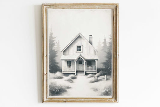 Vintage Forest Cabin Print, Rustic Home Decor, Cottage Print, Outdoors Wall Art, House in the Woods, Grayscale Sketch, Printable Nature Art