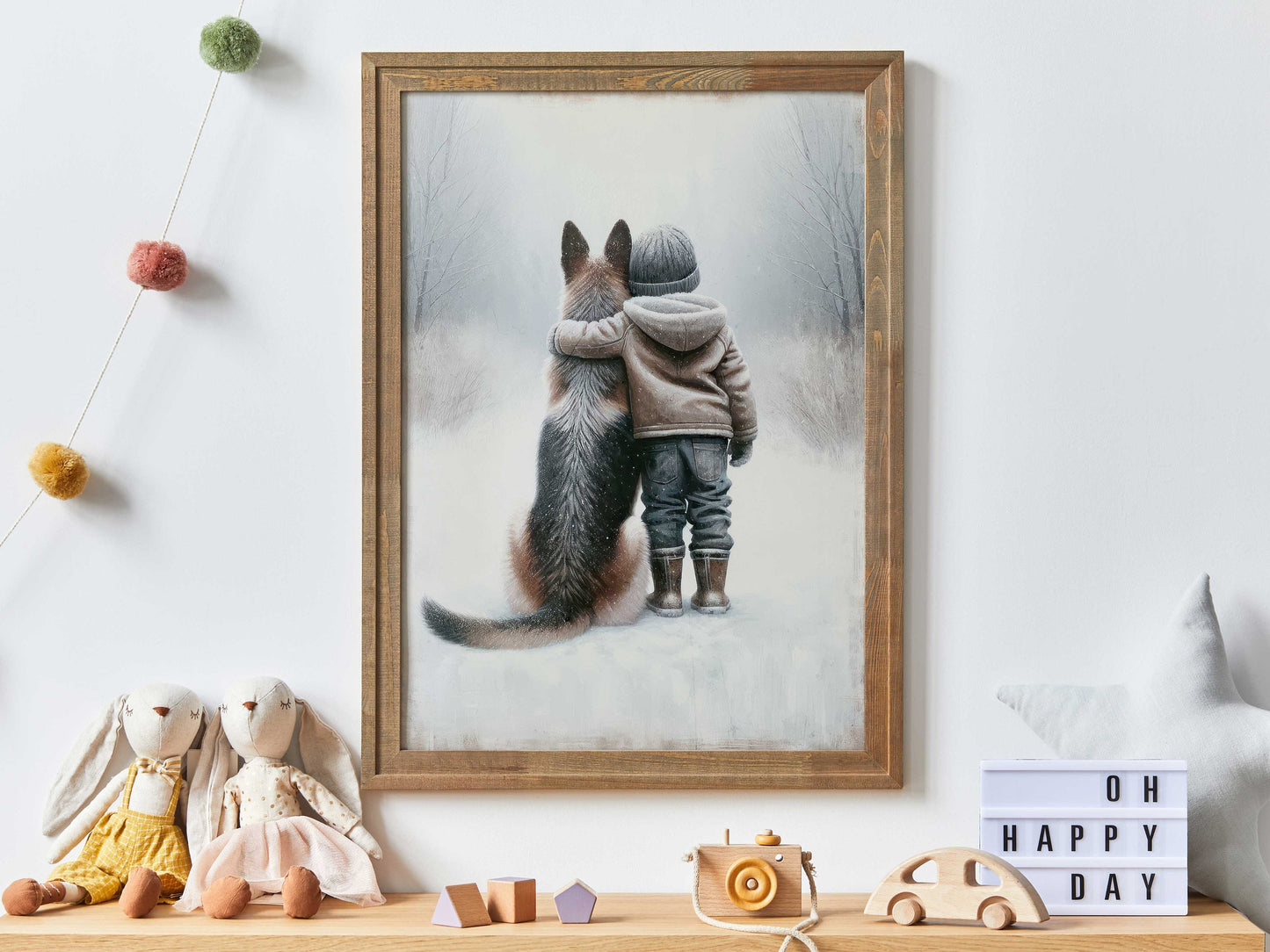 Winter Bond - Boy & German Shepherd Art Print, Distressed Nursery Wall Decor, Digital Landscape Art