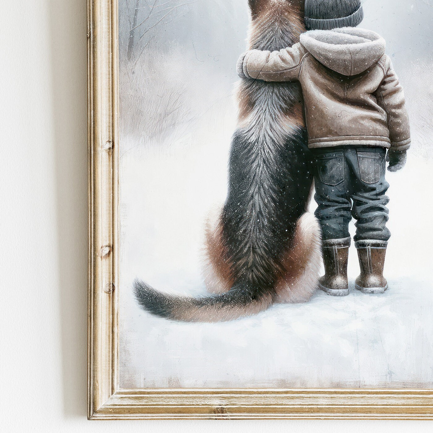 Winter Bond - Boy & German Shepherd Art Print, Distressed Nursery Wall Decor, Digital Landscape Art