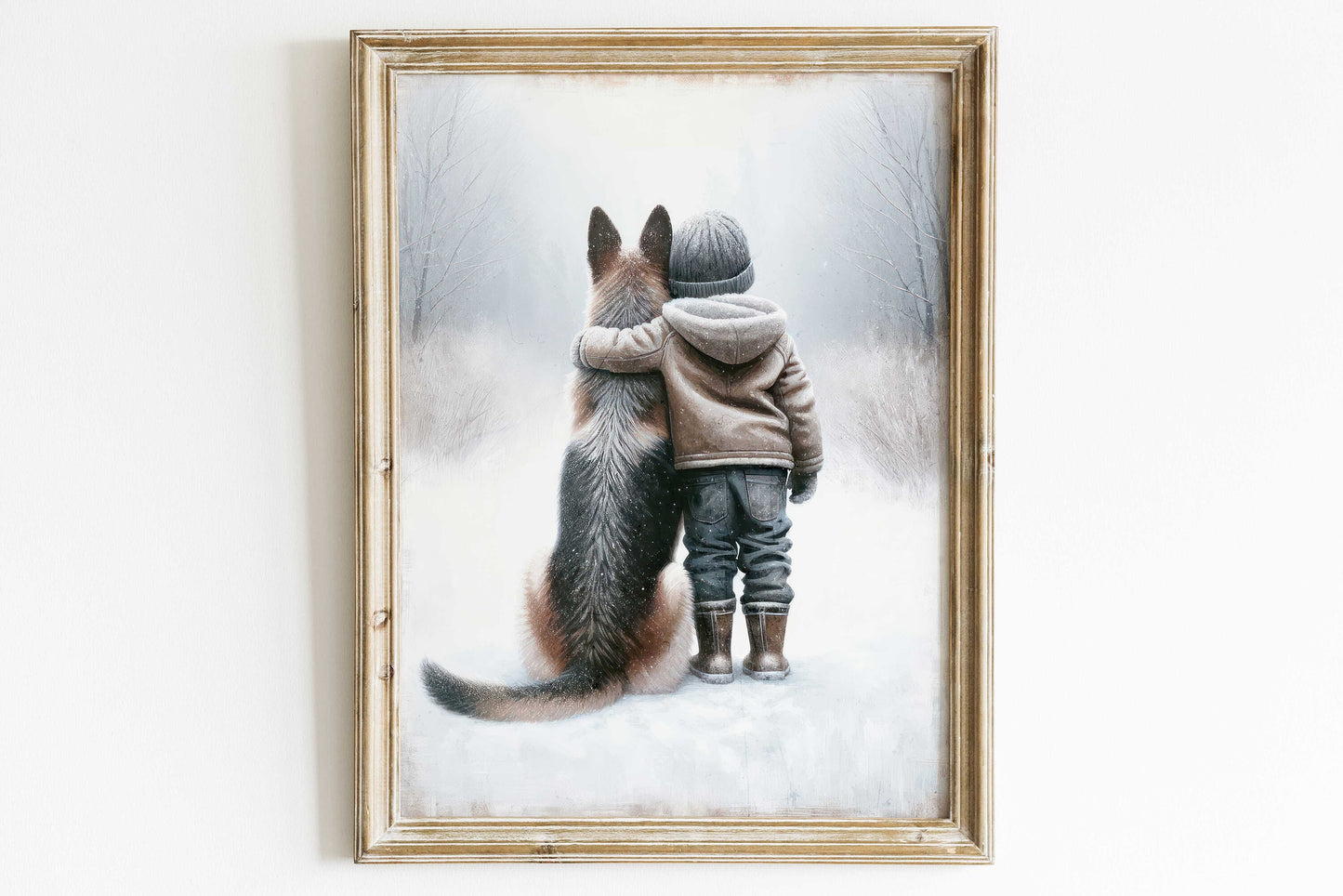 Winter Bond - Boy & German Shepherd Art Print, Distressed Nursery Wall Decor, Digital Landscape Art