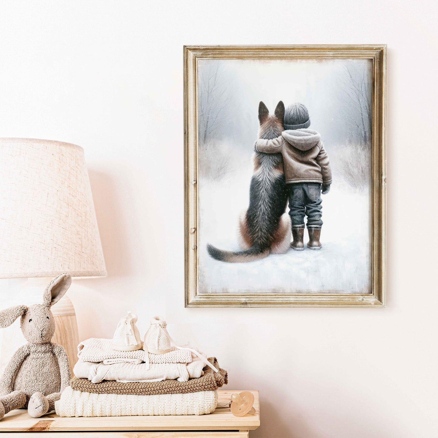 Winter Bond - Boy & German Shepherd Art Print, Distressed Nursery Wall Decor, Digital Landscape Art