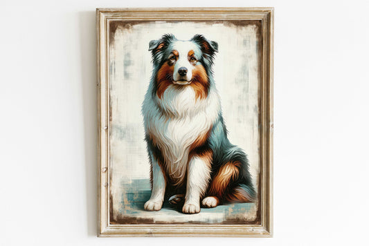 Australian Shepherd Art Print, Australian Shepherd Painting, Vintage Dog Art, Dog Portrait, Australian Shepherd Owner Gift,PRINTABLE Dog Art