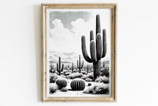 Western Wall Art, Saguaro Cactus Print, Desert Wall Decor, Vintage Western Art Print, Black and White Desert Landscape Art, Printable Art