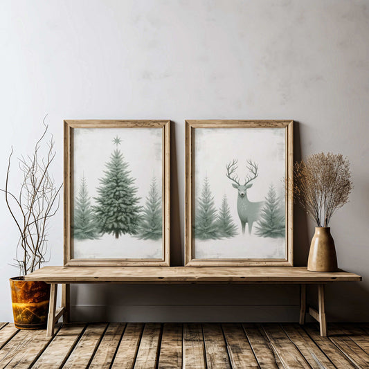 Christmas PRINTABLE Wall Art, Vintage Christmas Wall Decor, Set of 2, Deer Christmas Print, Sage Green Christmas Decor, Christmas Tree Art