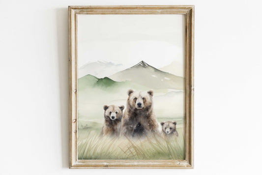 Bear Watercolor Painting, Bear Family Print, Watercolor Landscape, Woodland Forest Animals, Mountain and Forest, Nursery Wall Art