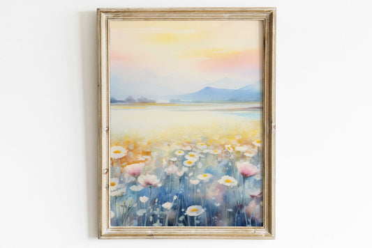 Tranquil Daisy Field Art Print - Watercolor Vintage Landscape, Muted Light Colors, Digital Wall Decor