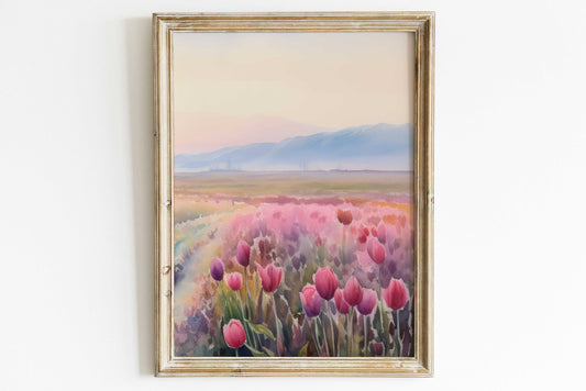 Tulip Painting, Pink Tulip Flower Wall Art, Flower Field Print, Floral Landscape Print, Flower Painting, Pink Wall Art, Printable Nature Art