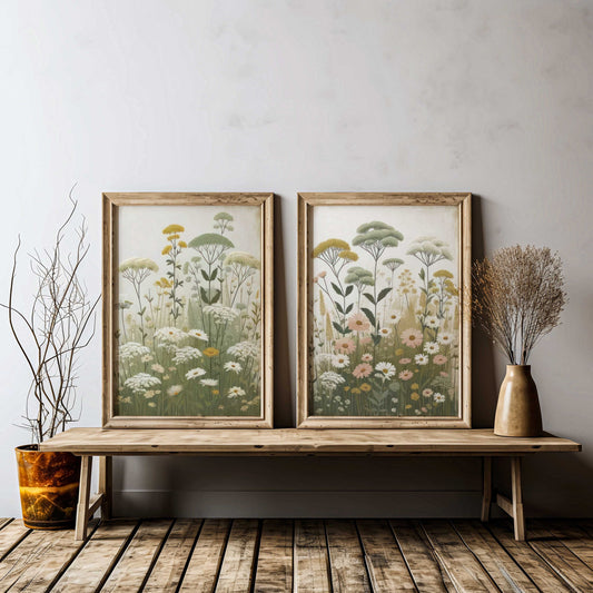 Wildflower Art Prints, Rustic Floral Decor, Vintage Botanical Wall Art, Minimalist Flower Prints, Set of 2, PRINTABLE Wildflower Wall Decor