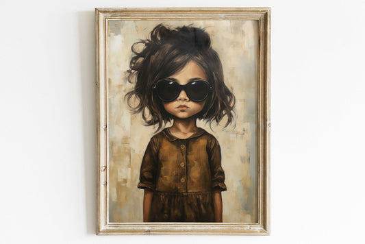 Vintage Wall Art, Retro Nursery Print, Little Girl in Sunglasses Art Print, Cool Girl Wall Decor,Rustic Nursery Decor, DIGITAL Printable Art