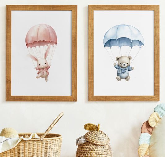 Cute Bunny & Bear Nursery Art Print, Pink and Blue Hot Air Balloon Nursery Decor, Parachute Nursery Art, Baby Shower Gift,PRINTABLE Art Kids