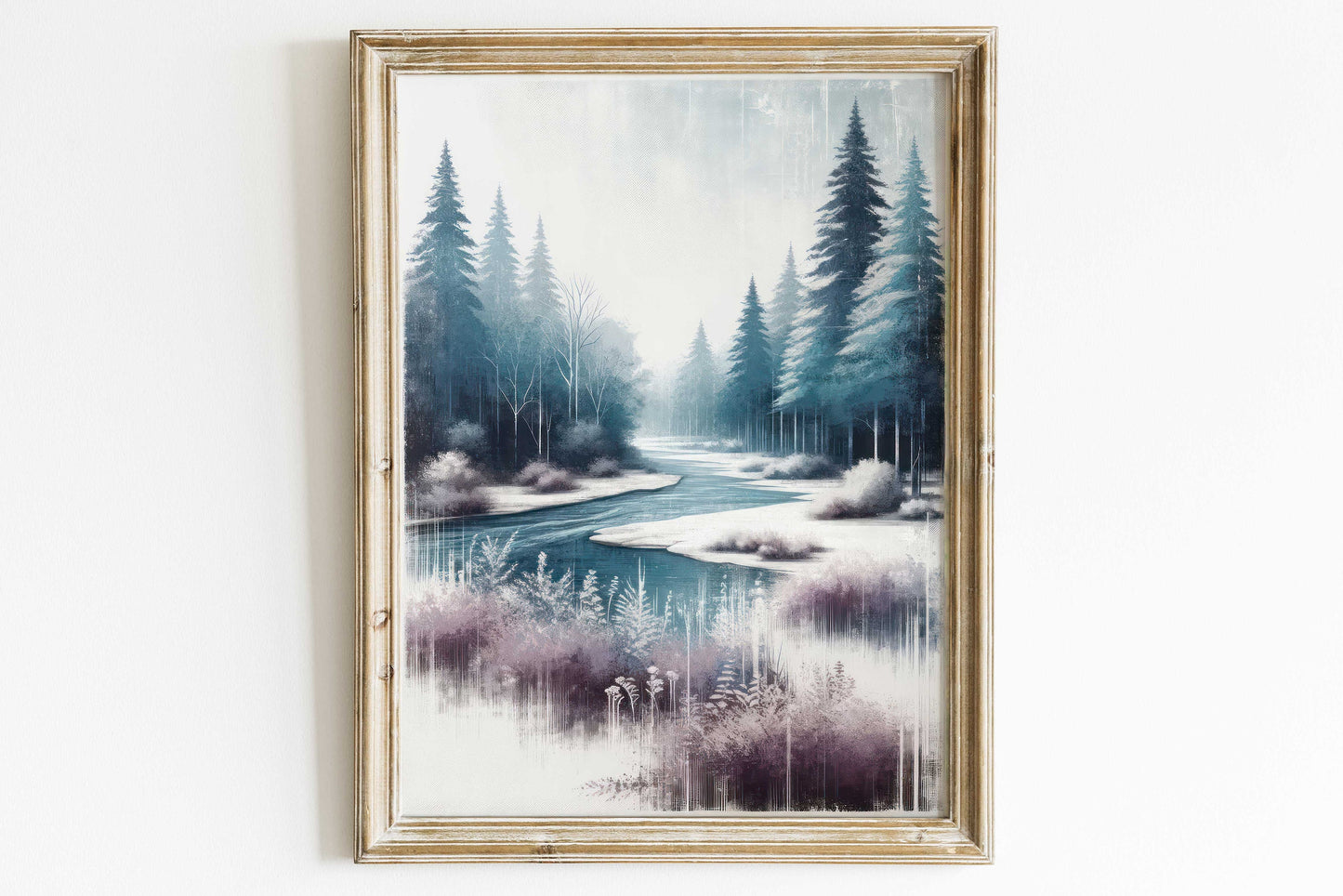 Printable Forest Art, Purple Teal Wall Decor, River Print, Tranquil Nature Painting, Nature Wall Art, Winter Forest Print, Pine Forest Art