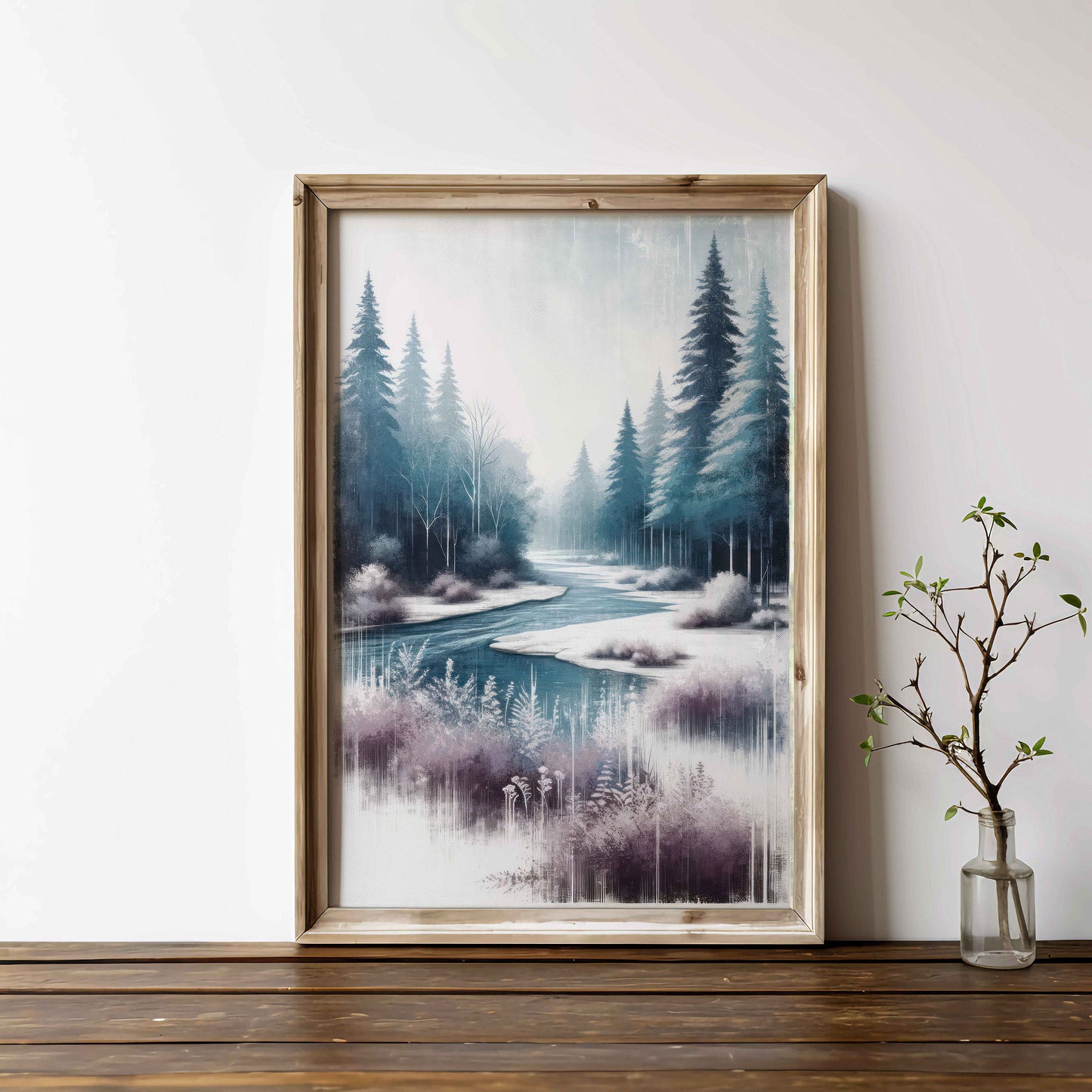 Printable Forest Art, Purple Teal Wall Decor, River Print, Tranquil Nature Painting, Nature Wall Art, Winter Forest Print, Pine Forest Art