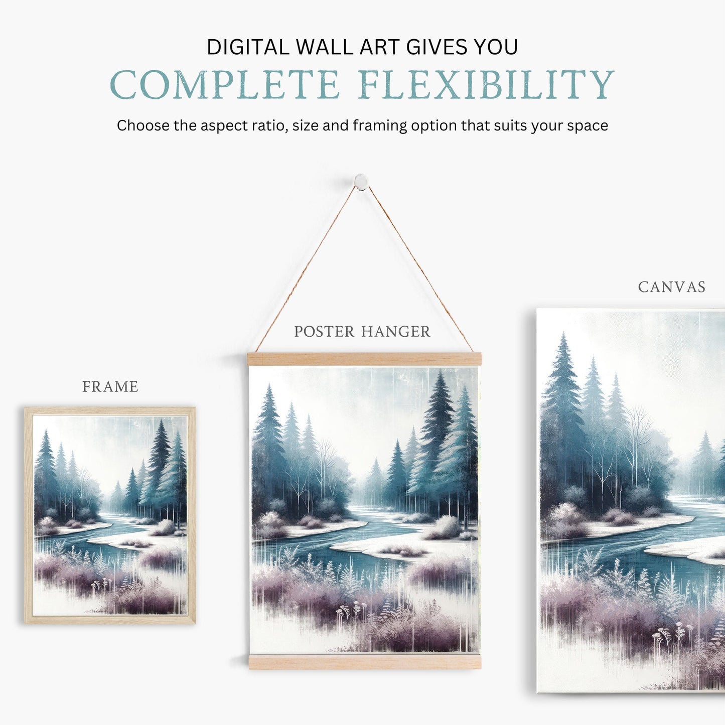 Printable Forest Art, Purple Teal Wall Decor, River Print, Tranquil Nature Painting, Nature Wall Art, Winter Forest Print, Pine Forest Art