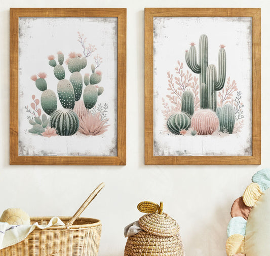 Cactus Nursery Decor, Cactus Wall Art, Cactus Print Set of 2, Vintage Boho Nursery Art, Desert Nursery Decor, Printable Cactus Kids Wall Art