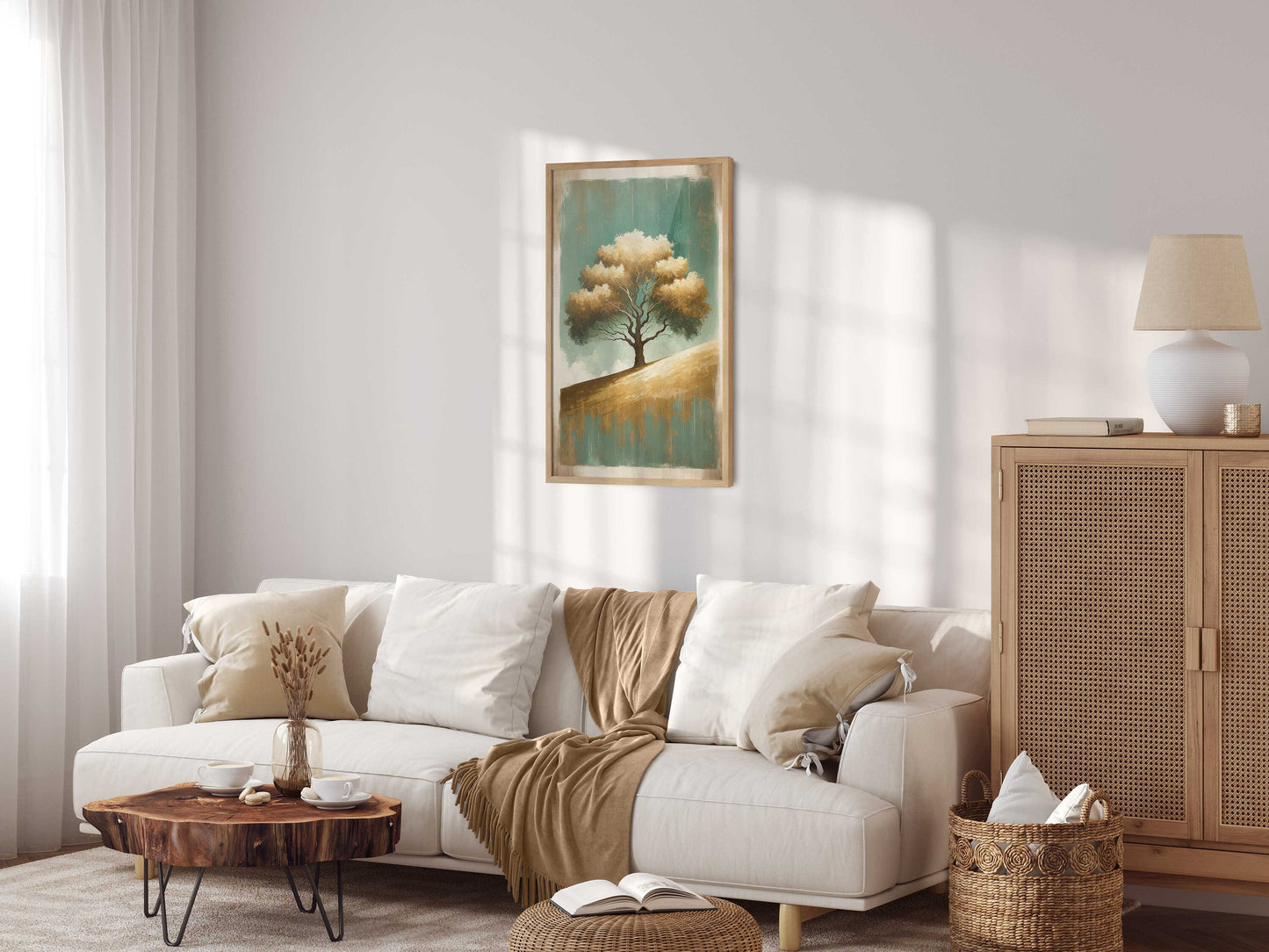 Tree Wall Art, Abstract Oak Tree Painting, Emerald & Golden, Rustic Tree Painting, Vintage Wall Art Wood, PRINTABLE Abstract Nature Art