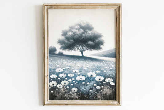 Countryside Landscape Painting, Wildflower Field Print, Hilly Landscape Art, Tree Painting, Daisy Flower Field, Printable Nature Art