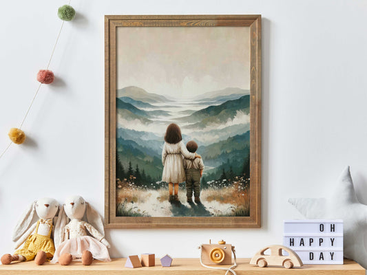 Brother & Sister Wall Art, Siblings Adventure Wall Art, Girl and Boy Toddler Print, Sibling Painting, Printable Mountain Nursery Decor