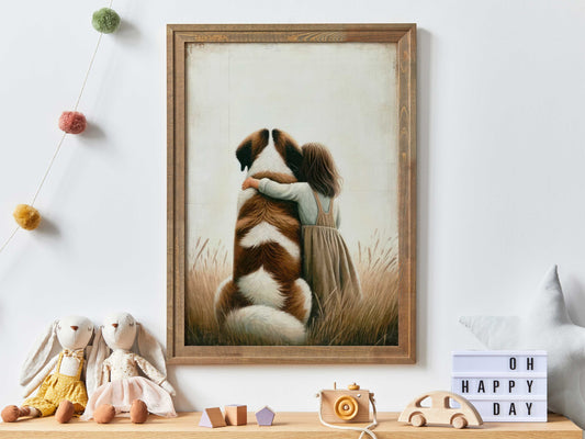 Saint Bernard Nursery Decor, Saint Bernard Dog Print, Girl & Dog Art Print, Dog Nursery Art, Dog Decor for Kids,Printable Kids Wall ArtPrint