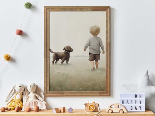 Brown Labrador Nursery Art, Puppy Nursery Print, Boy and Dog Art, Vintage Nursery Wall Art, Boys Room Decor, Printable Dog Decor for Kids