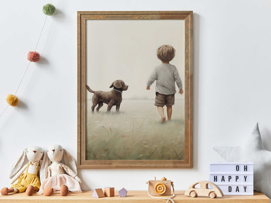 Brown Labrador Nursery Art, Puppy Nursery Print, Boy and Dog Art, Vintage Nursery Wall Art, Boys Room Decor, Printable Dog Decor for Kids