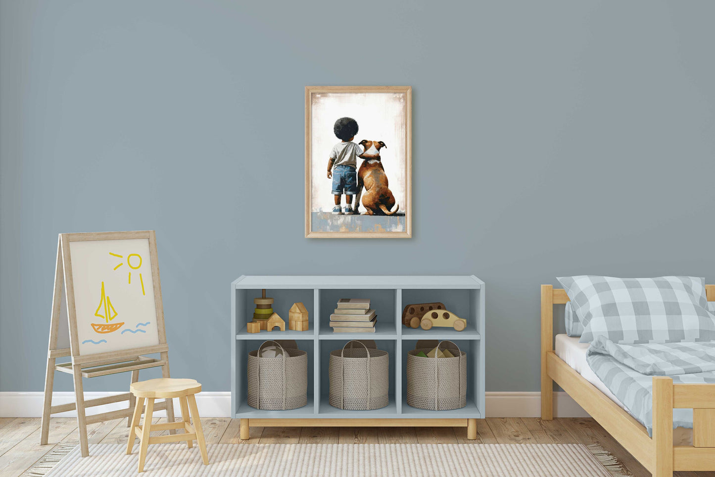 American Staffordshire Terrier Nursery Art, Boy & Dog Art Print, Black Boy Art, Pitbull Nursery Art, Afro-American Boy Art,Printable Dog Art